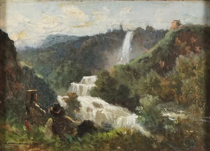 Paesaggio con contadini e cascata